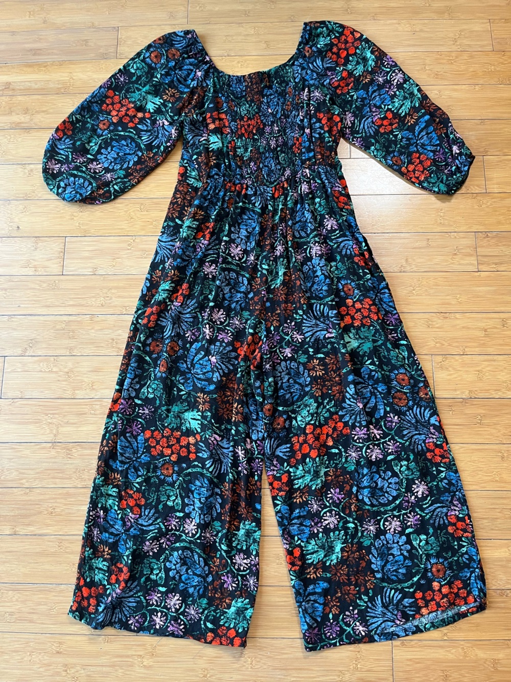 Knox Rose Black Botanical Print Boho 100% Rayon Wide-Leg Jumpsuit - Picture 11 of 15